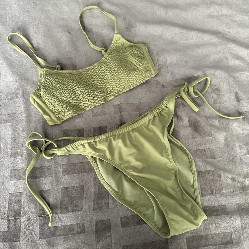Xhilaration Bikini Set Womens M / XL Green Smocked Bralette‎ Top Tie Side